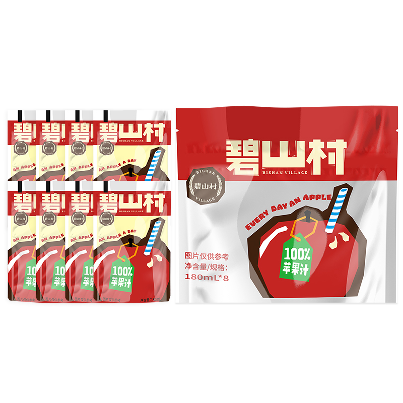 碧山村0添加剂0脂肪100%苹果汁果味果汁饮料180ml/袋