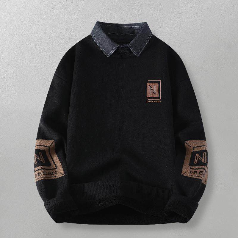 时尚百搭假两件！文艺清新！秋日系印花休闲衬衫领针织男毛衣,淘宝优惠券,粉丝福利购,淘宝优惠卷