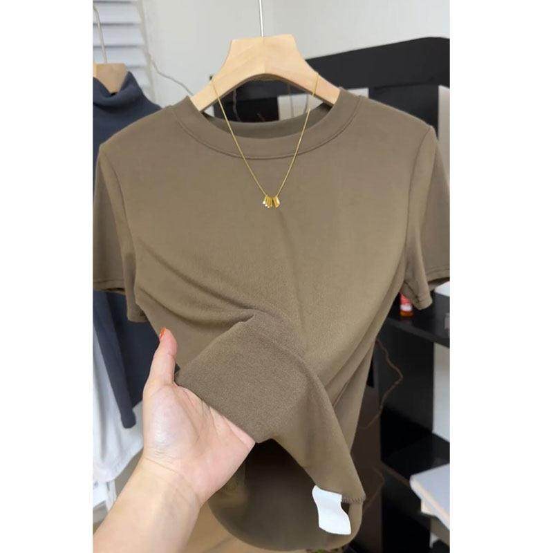 韩国2025新款韩版纯色圆领短袖t恤女内搭修身显瘦时尚百搭打底衫.,淘宝优惠券,粉丝福利购,淘宝优惠卷