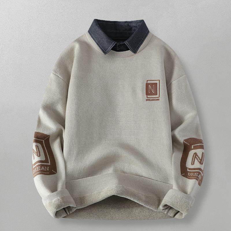 时尚百搭假两件！文艺清新！秋日系印花休闲衬衫领针织男毛衣,淘宝优惠券,粉丝福利购,淘宝优惠卷