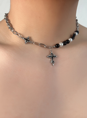 黑色十字架串珠拼接项链小众