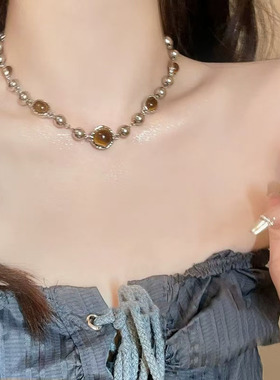 哥特红色串珠毛衣项链女款