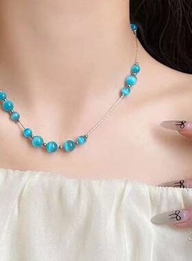 蓝色圆珠小清新项链高级感轻奢