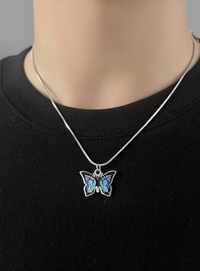 蓝色蝴蝶吊坠项链男款锁骨链女士