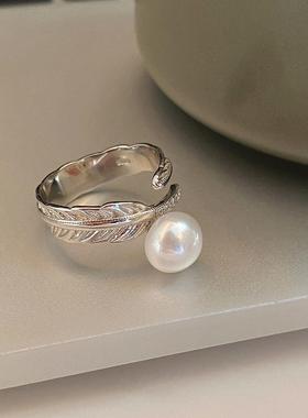 新加坡chomelkinseyS925淡水珍珠戒指羽毛开口食指戒情人节送女友