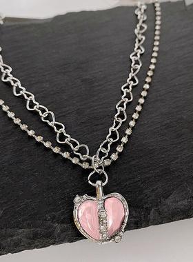 Ins Peach heart necklace women 桃心项链分裂爱心微镶锆石项链