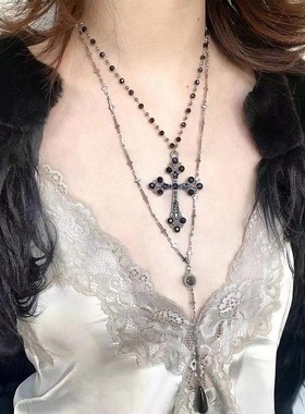 哥特朋克风暗黑甜酷辣妹双层十字架项链小众设计亚文化多层锁骨链