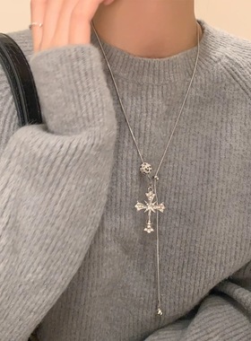 闪锆十字架斑点石吊坠可抽拉项链女小众设计毛衣链高级感颈链配饰
