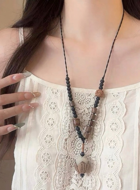 新中式复古花朵抽绳项链女2026新款高级感民族风长款锁骨链配饰品