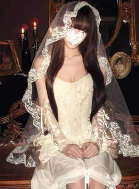 万圣节头饰cos鬼新娘复古白色蕾丝花边头纱结婚装扮拍照道具发饰