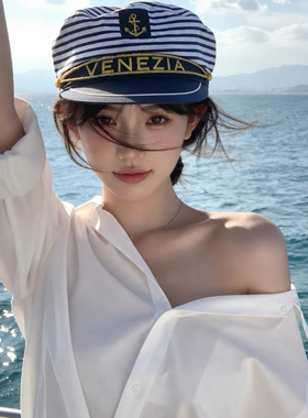海军风八角贝雷帽女复古英伦平顶船长帽派对演出Cosplay水手帽子