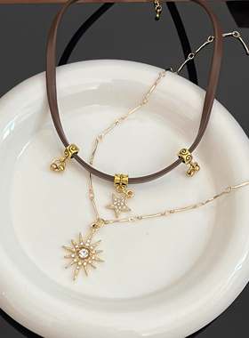 美拉德棕色复古双层叠戴项链女秋冬小众设计高级锁骨链卫衣毛衣链