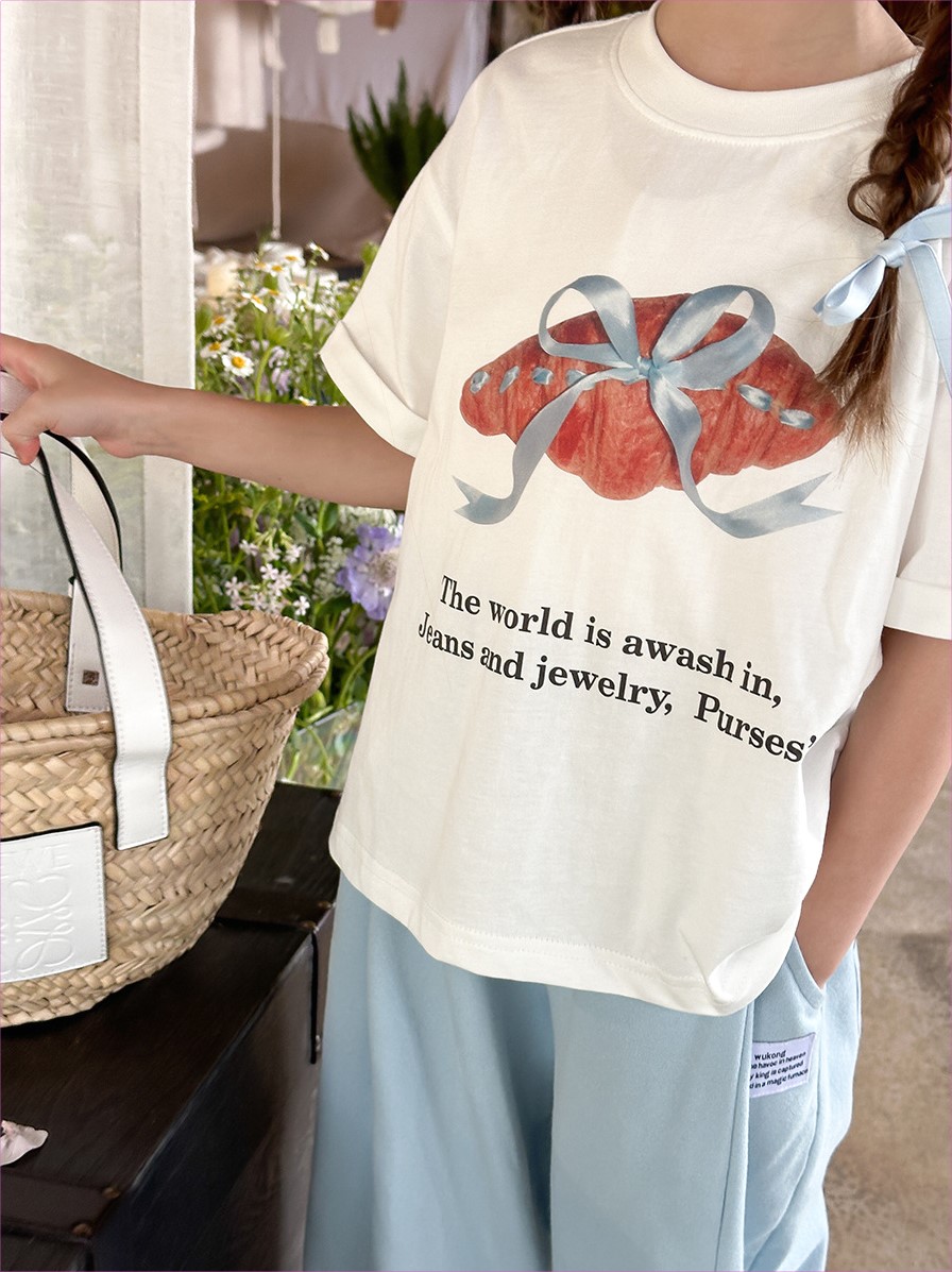 巴拉巴儿童数码印花小可爱牛角包图案T恤夏季女童韩版蝴蝶结短袖 - 图1