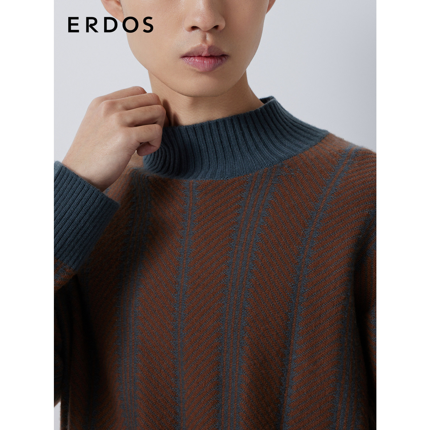 ERDOS 男装羊绒衫秋冬半高领拼色翻花厚款宽松微弹针织衫,淘宝优惠券,粉丝福利购,淘宝优惠卷