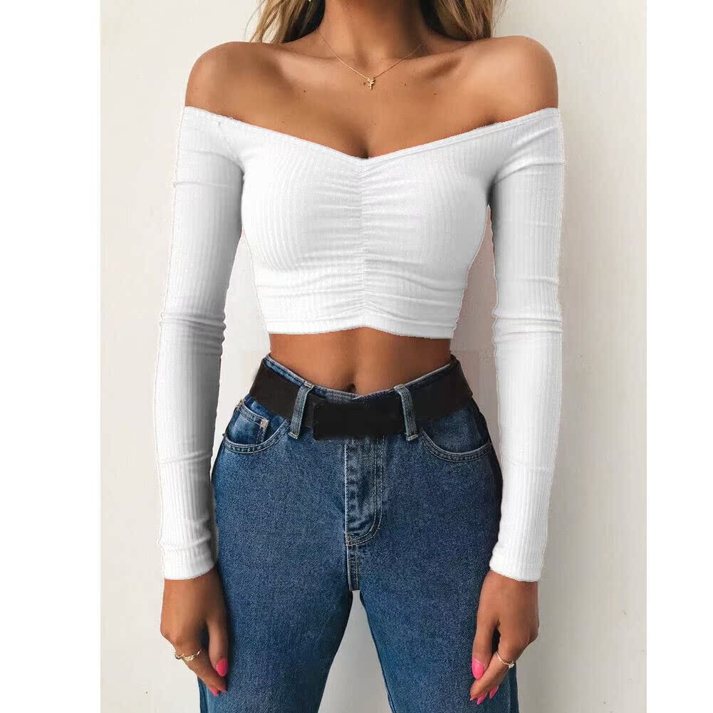 3 colors Women Sexy Off Shoulder Long Sleeve Shirt Cropped - 图1