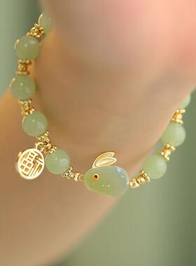 925纯银福牌玉兔和田玉手链女ins小众设计感玉石手串轻奢复古简约