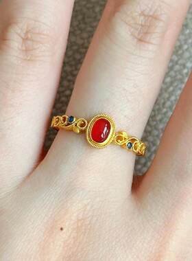 新中式金色花丝珐琅戒指女款复古