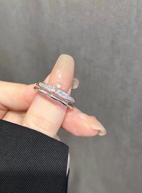 S925纯银双层锆石竹节戒指女轻奢高级感小众设计食指戒开口可调节