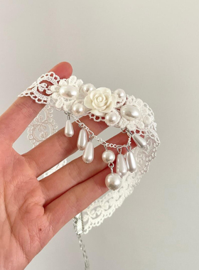 白色玫瑰蕾丝仿珍珠项链女法式