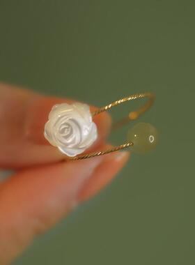 925纯银玫瑰和田玉开口戒指女小众设计时尚个性指环高级ins复古风