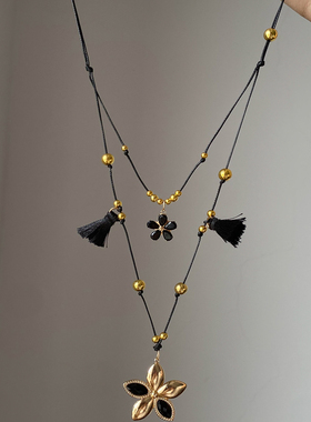 复古双层美拉德小花项链女长款百搭颈链轻奢小众高级感毛衣链配饰