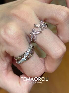 「pink粉蝶」清冷感三环一体银色戒高级感叠戴粉蝴蝶食指戒女指环