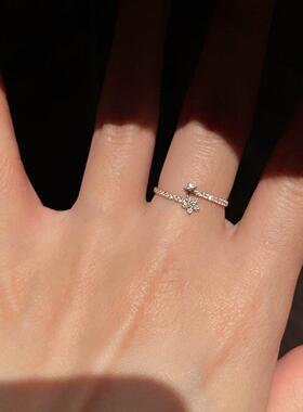 韩系银色仿排钻五叶花五角星戒指