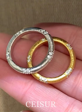 S925纯银古法拉丝复古微镶锆石窄版戒指轻奢高级感时尚百搭食指戒