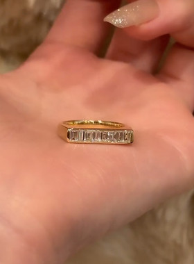 中古金色爆闪一字仿钻戒指女轻奢