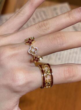 复古老钱风红色滴釉四叶草戒指女