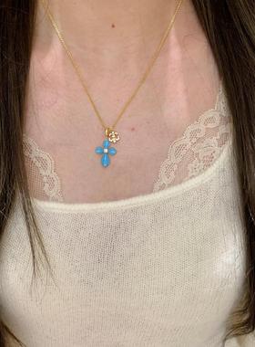 甜美爆闪蓝色十字架鸢尾花项链女