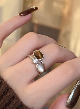 中古棕白色仿虎眼石双层戒指女款