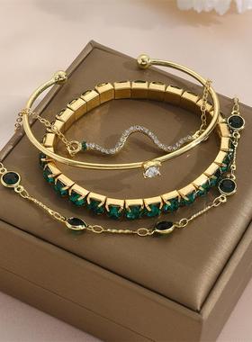 跨境欧美时尚绿祖母钻石弹力手镯女4件套高级感灵蛇手炼金属手饰