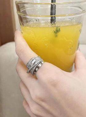 Silver Ring Female闪亮锆石戒指女时尚多层线条开口指环ins风