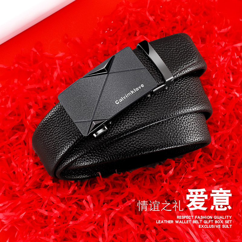 Calvimklove正品皮带男士真皮自动扣纯牛皮腰带商务年轻人裤带男
