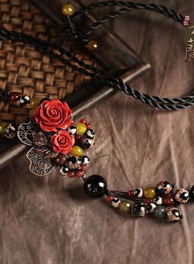 毛线衣项链复古毛衣链红朱砂吊坠配饰女长款挂饰装饰品民族风项链