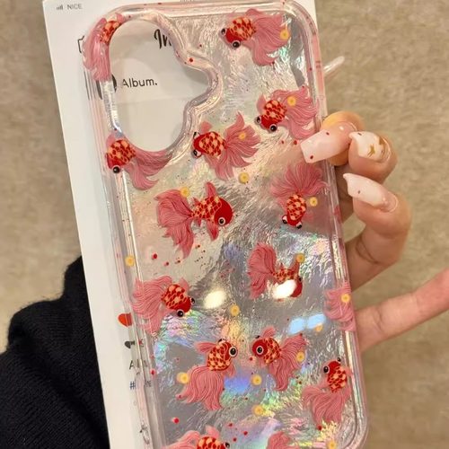 文艺国风红色锦鲤适用苹果17promax手机壳iPhone16pro冰川纹oppo华为荣耀400小米15/14带支架vivo少女防摔壳 - 图0