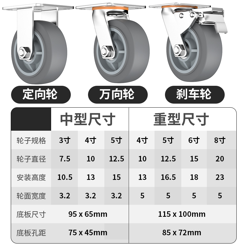 静音万向轮橡胶轮脚轮万向轮轮子5寸定向轮8寸重型带刹车推车轮子 - 图0