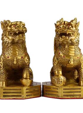 铜麒麟摆件公母一对纯铜脚踩八卦家用财富麒麟办公室店铺开业礼品