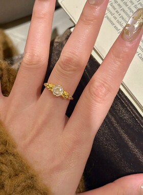 新款时尚古法金色玫瑰花钻戒指女