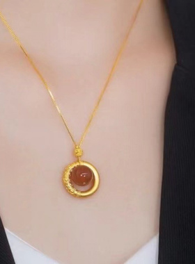 新款同心圆锆石红豆项链女古法国