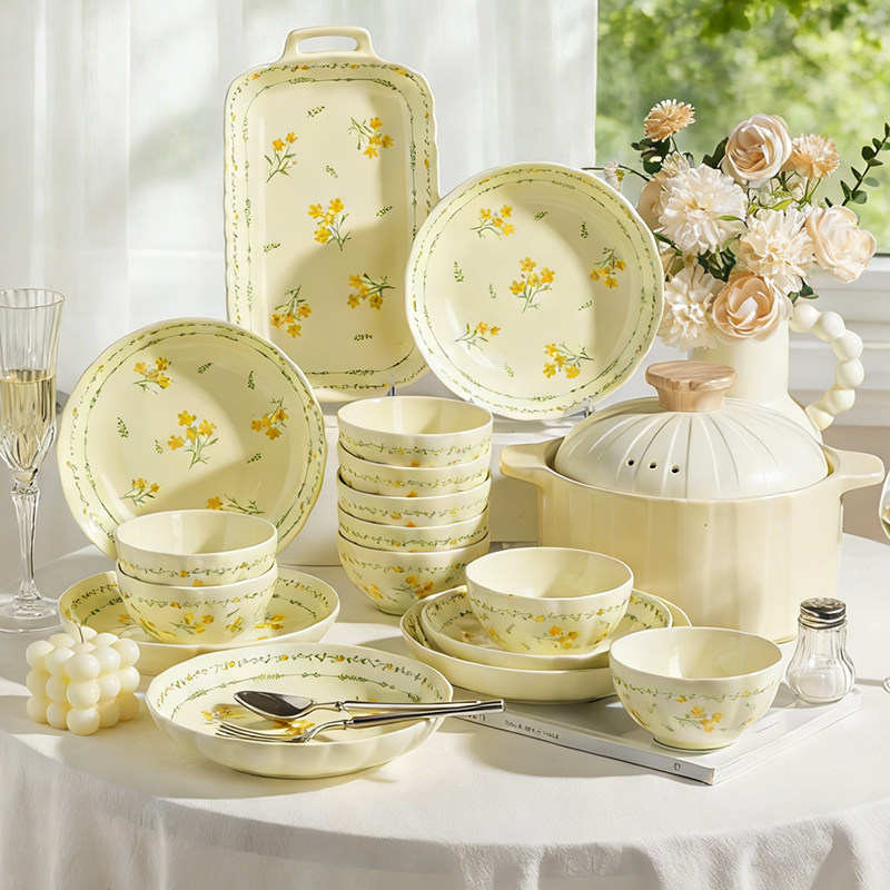 釉下彩盘子菜盘家用2026新款碗碟餐具奶油风好看的菜碟子深盘餐盘