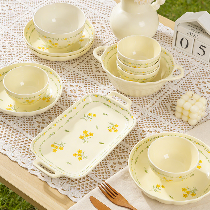 釉下彩盘子菜盘家用2026新款碗碟餐具奶油风好看的菜碟子深盘餐盘