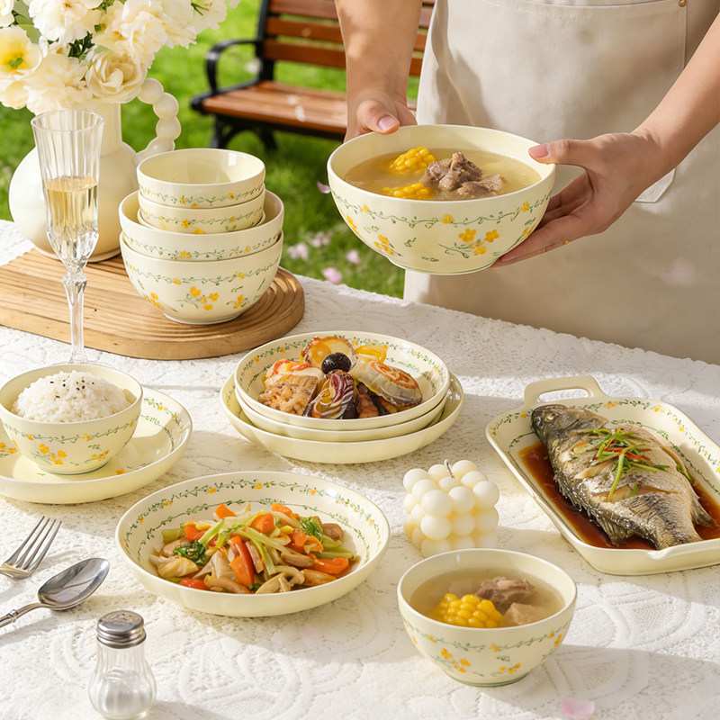 2026新款高颜值清新田园风釉下彩碗家用陶瓷碗碟套装餐具碗具乔迁
