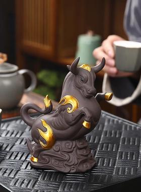招财生肖牛玄关客厅办公室酒柜家居装饰摆件茶室茶桌紫砂茶宠可养