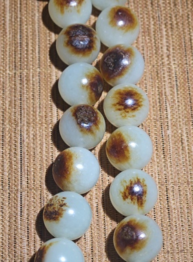 正宗新疆和田玉籽料青白玉14mm圆珠手链108颗枣红皮颗颗带皮收藏