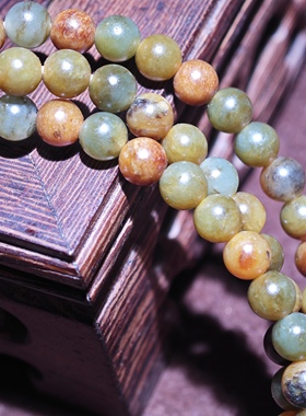 正宗新疆和田玉籽料黄沁5mm圆珠多圈手链沙枣青天然原皮原色老熟