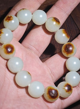 精品好皮色新疆和田玉籽料红皮白肉14mm圆珠手串男女款洒金红皮玉