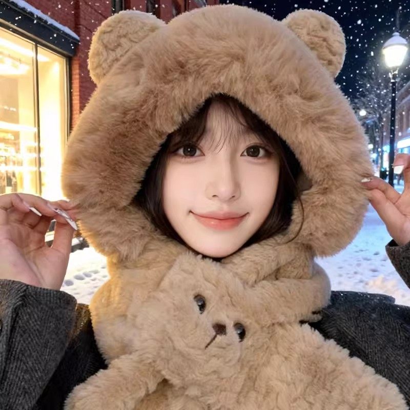 小熊毛绒帽子围巾两件套女2026新款保暖防寒一体连帽围脖居家套装,淘宝优惠券,粉丝福利购,淘宝优惠卷