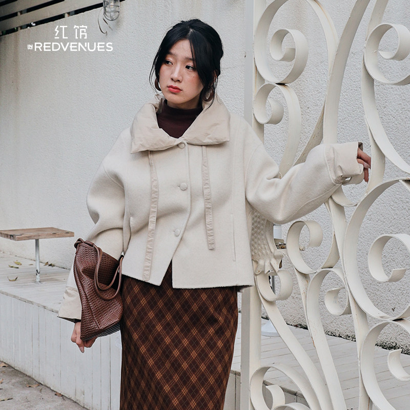红馆|设计师款绵羊毛双面呢2025冬季新款毛呢外套女白色大衣短款,淘宝优惠券,粉丝福利购,淘宝优惠卷